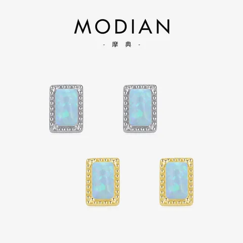 Rectangular Opal Stud Earrings With 925 Sterling Silver Earring Post Geometric Beaded Edge Sweet Jewelry For Women