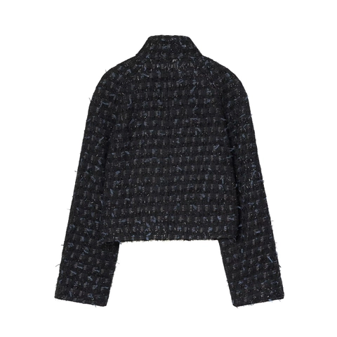 Dames Tweed Jasje Metaaldraad Double Breasted Staande Kraag Kort Elegant Lange Mouwen Franjerand Casual