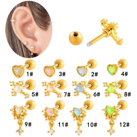 Heart Shape Opal Cartilage Stud Earring Stainless Steel Zircon Body Piercing Jewelry Screw Back Minimalist For Women