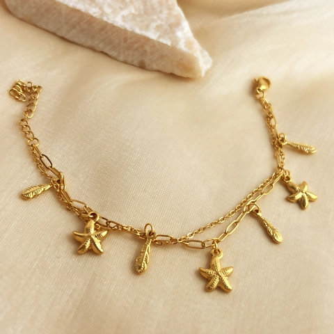 Seestern Feder Doppelreihiges Armband Edelstahl 18K Vergoldet Ozean Strand Stil Schmuck Für Damen Nicht Anlaufend