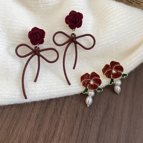 Vintage Red Rose Bowknot Artificial Pearl Drop Earrings With 925 Sterling Silver Earring Post Elegant Flower Jewelry For Women
