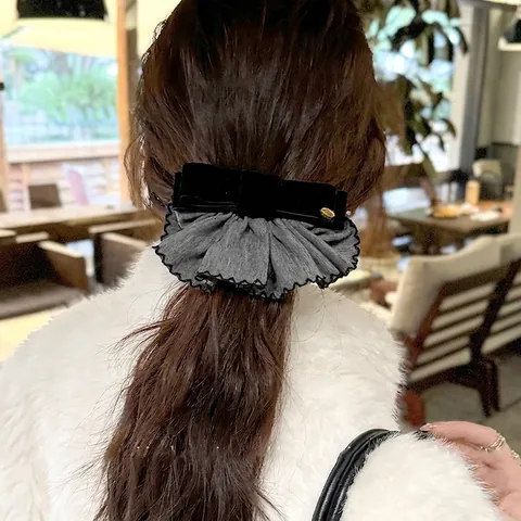 Retro Velvet Bowknot Banana Hair Clip With Pleated Fabric Lace Trim Elegant French Style Hair Accessory For Women
