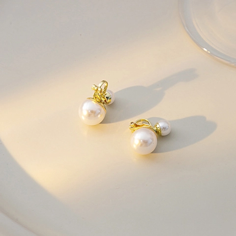 Orecchini A Clip Con Doppia Perla Artificial Lega Tonalità Oro Vintage Stile Francese Elegante Per Orecchie Senza Buco Donna