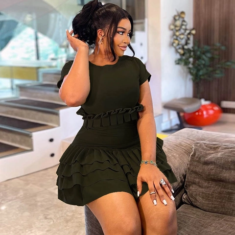 Women Mini Dress Solid Color Round Neck Short Sleeve Slim Fit Tiered Ruffle Hem Sweet Chic Streetwear