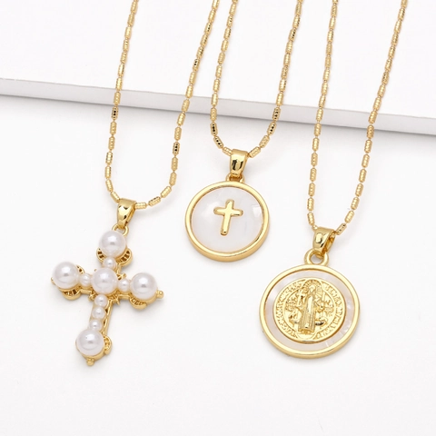 Kruis Hanger Ketting Echt Verguld Koper Met Synthetische Kunstparel Religieuze St Benedictus Medaille Elegante Sieraden Voor Dames