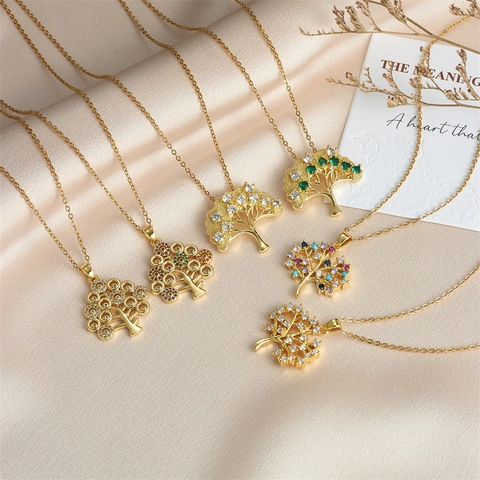 Lussuosa Collana Con Ciondolo Albero Della Vita Micro Intarsiato Strass Rame Galvanizzato Colore Oro Catena a O Eleganti Gioielli Donna