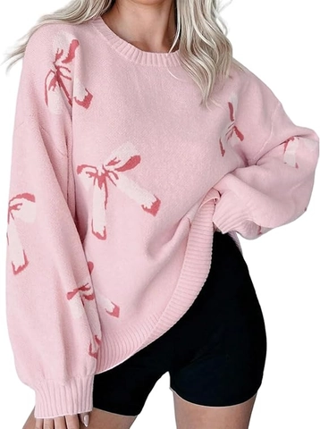 Strickpullover Damen Schleifenmuster Langarm Rundhals Lässig Locker Weich Warm Herbst Winter Oberteile
