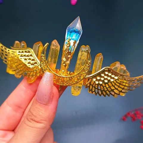 Cerchietto Per Capelli Corona Di Cristallo Naturale Ali Dorate Luna Quarzo Tiara Per Donna Accessori Per Capelli Fantasy Party
