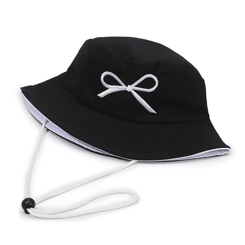 Chapeau Bob Double Face en Coton pour Femmes Avec Corde Coupe-vent Amovible Broderie Nœud Pare-soleil pour Voyage d'Été
