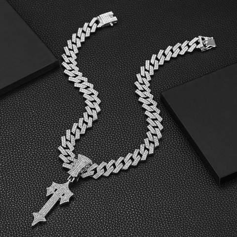 Collana Con Ciondolo Hip Hop Strass Catena Cubana Lega Croce Spada Design Gioielli Uomo Donna