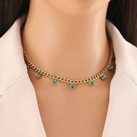 Collar De Acero Inoxidable Chapado En Oro Colgantes Corazón Diamante De Imitación Cadena Cubana Joyería Moda Mujer