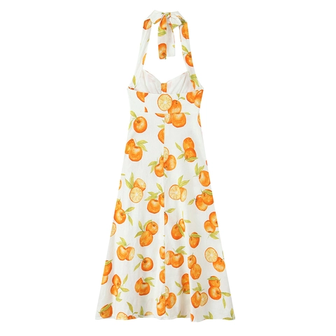 Halter Midi Jurk Wit Oranje Fruit Print Mouwloos V Hals Knopen Zomer Elegante Zomerjurk Voor Dames