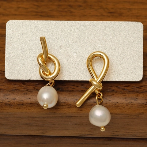 Minimalist Knot Drop Earrings With Freshwater Pearl And 925 Sterling Silver Earring Post For Women