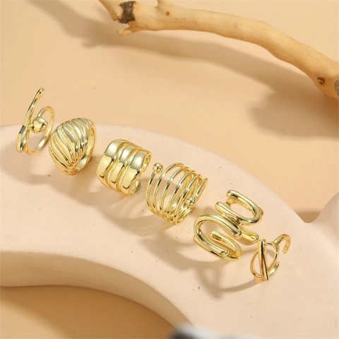 Anello Regolabile Aperto Rame Placcato Oro Lucidato Geometrico Spirale Croissant Iniziale Gioielli Minimalisti Donna