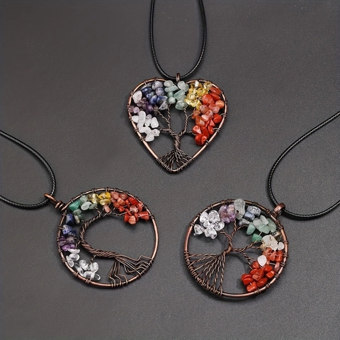 Tree Of Life Pendant Necklace Handmade Wire Wrapped Natural Gemstone Chips Healing Crystal Chakra Balance Jewelry For Women Men