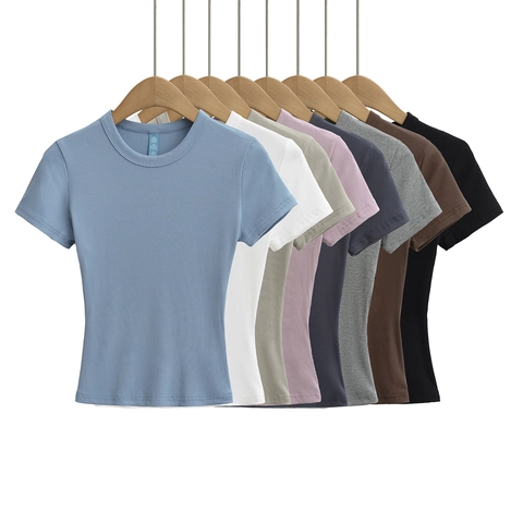 T-Shirt Ajusté Nervuré pour Femmes Polyester Manches Courtes Col Rond Couleur Unie Top Court Streetwear Mode Top