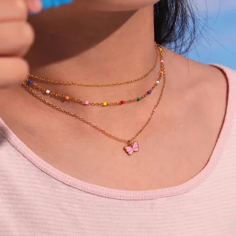 Joyas De Mariposa Collar Pulsera Anillo Pendientes Acero Inoxidable Esmalte Rosa Para Niños Niñas Dulce Lindo