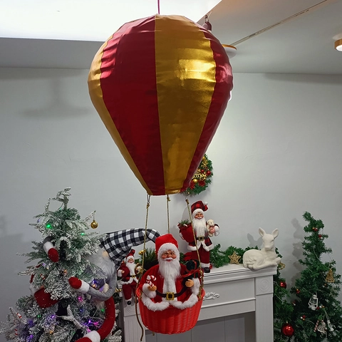 Christmas Santa Claus Hot Air Balloon Hanging Ornament Fabric Plastic Red Gold Festive Ceiling Decor Traditional Holiday Display