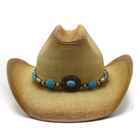 Vintage Western Cowboy Paper Straw Hat Wide Brim Breathable Sun Protection With Turquoise Beads For Outdoor Travel Men Women