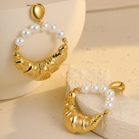 Pendientes de Botón de Cruasán de Acero Inoxidable Vintage Francés para Mujer Chapados en Oro Perla Artificial Joyería Regalo
