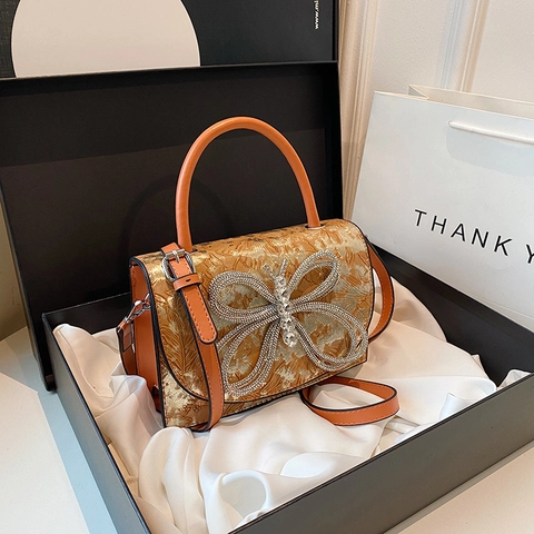 Sac À Main Femme Nœud Strass Sac Bandoulière Cuir PU Gaufré Floral Luxe Style Célébrité Accessoire Pour Dames