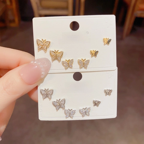 Süße Kupfer Schmetterling Ohrstecker Set Für Damen Glänzende Strass Eingelegt Klein Exquisit Täglich Pendeln Schmuck Gold Silber