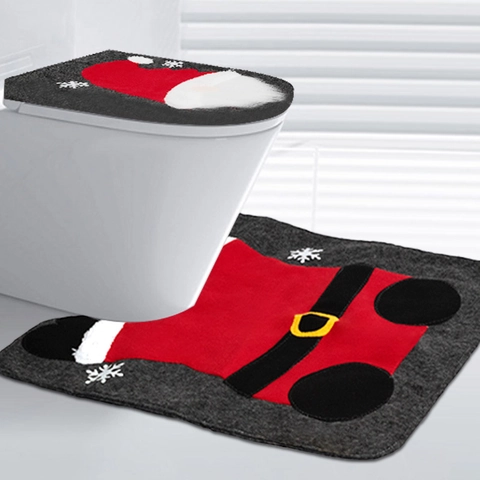 Juego de Funda para Asiento de Inodoro de Gnomo de Navidad Y Alfombra en Forma de U Rojo Gris Patrón de Copos de Nieve Decoración