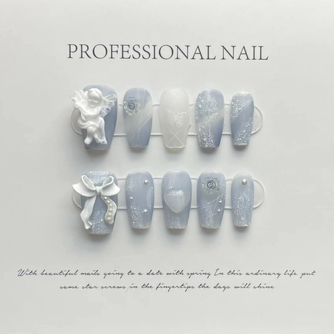 Handmade Foggy Blue Angel Rose Press On Nails 3D Relief Vintage Fake Nails Gradient Long Short Trapezoid Nail Art For Women