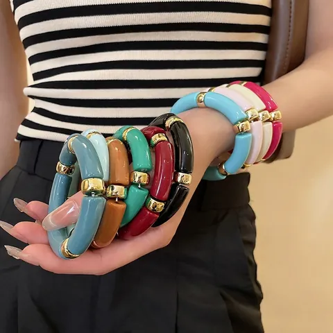 Bracciale Elastico In Tubo Curvo Acrilico Distanziatori In Lega Dorata Braccialetto Geometrico Minimalista Per Donna Alla Moda