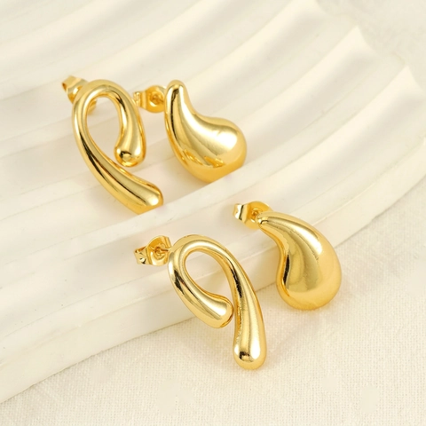 French Water Drop And Abstract Curved Stud Earrings For Women Stainless Steel 18K Gold Plated Mirror Polished Jewelry