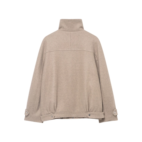 Women Stand Collar Bomber Jacket Solid Color Loose Fit Outerwear Coat With Zipper And Pockets Woolen Texture Polyester