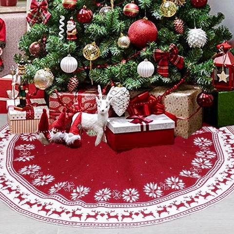 Falda De Árbol De Navidad Tejida Patrón Reno Copo De Nieve Rojo Blanco Alfombra Base Árbol Decoración