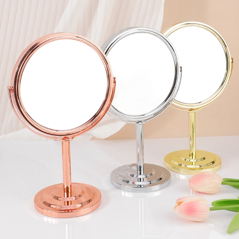Specchio Da Trucco Scrivania Rotondo Acciaio Trafilato A Freddo Rotante Doppia Faccia Ingranditore Specchio Vanità Moderno Elegante Arredamento Camera