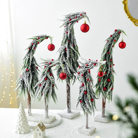 Mini Sapin De Noël En PE Avec Sommet Incurvé Neige Floconnée Et Ornements De Boules Décoration De Table