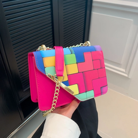 Women PU Leather Crossbody Bag Contrast Color Geometric Pattern Metal Chain Small Square Fashion Shoulder Bag Chic