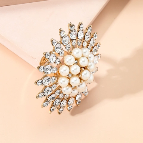 Flower Cocktail Ring Alloy Imitation Artificial Pearl Rhinestone Adjustable Open Band Sunflower Radiant Design For Women Wedding Party