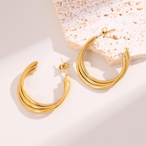 Edelstahl Triple Layer C-Form Creolen Für Frauen Minimalistische Überlappende Dreifachlinie Ohrstecker Gold Poliert Trendy
