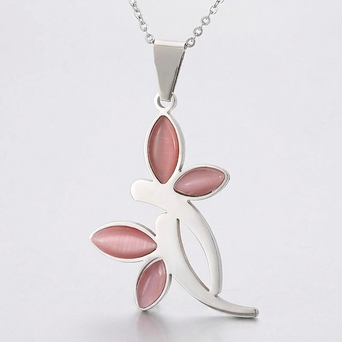 Collana Con Ciondolo E Orecchini Fiore Foglia Acciaio Inossidabile Pietra Occhio Di Gatto Rosa Bianco Strass Elegante Donne