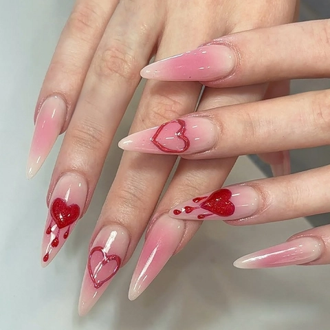 Uñas Postizas Press On Góticas Degradado Rosa Hechas A Mano Forma Stiletto Con Diseño De Corazón Rojo 3D Y Gota De Sangre Para Mujer