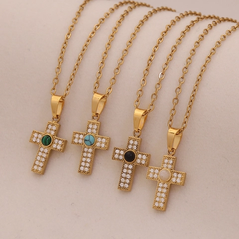 Collar Con Colgante De Cruz Acero Inoxidable Micro Pavé Zirconia Piedra De Color Joyas Religiosas Mujeres Estilo Elegante