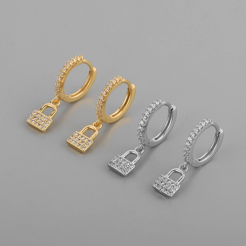 Koperen Hangslot Hoop Oorbellen Met 925 Sterling Zilveren Oorsteker Pavé Zirkon Slot Bedel Elegante Sieraden Voor Vrouwen