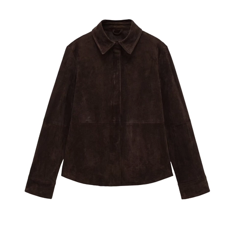 Women's Casual Faux Suede Shirt Jacket Western Style Long Sleeve Lapel Hidden Placket Solid Color Dark Brown Outerwear Coat
