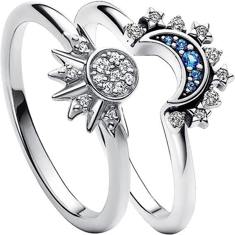 Sun And Moon Celestial Stacking Rings Zinc Alloy Rhinestone Inlaid Blue Zircon Celestial Jewelry For Couples Women Men