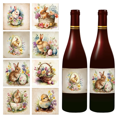 Easter Wine Bottle Stickers Decorative Adhesive Labels Bunny Rabbit Eggs Flowers Spring Watercolor Party Celebration Decor