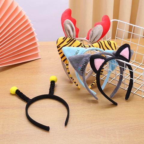 Plush Animal Ears Headband Cartoon Cat Tiger Bee Reindeer Hair Band For Kids School Performance Costume Party Cute