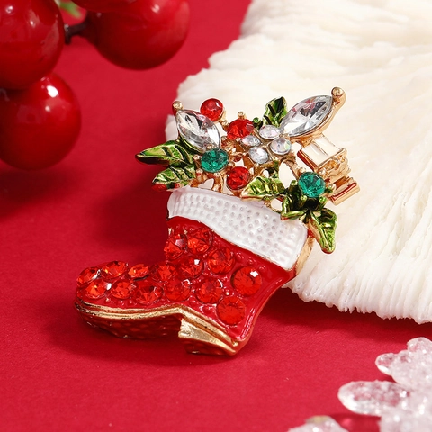Strass Weihnachtssocke Brosche Pin Legierung Gold Rot Grün Festliche Feiertag Emaille Socken Stiefel Reversnadel Schmuck Zubehör Damen Geschenk