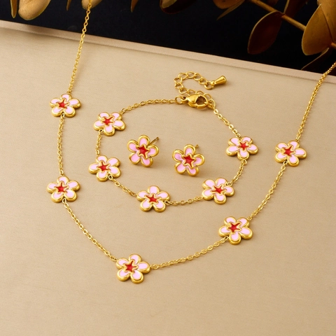 Floral Jewelry Necklace Bracelet Earrings Stainless Steel Gold Plated Pink Enamel Peach Flower Sweet Style Women
