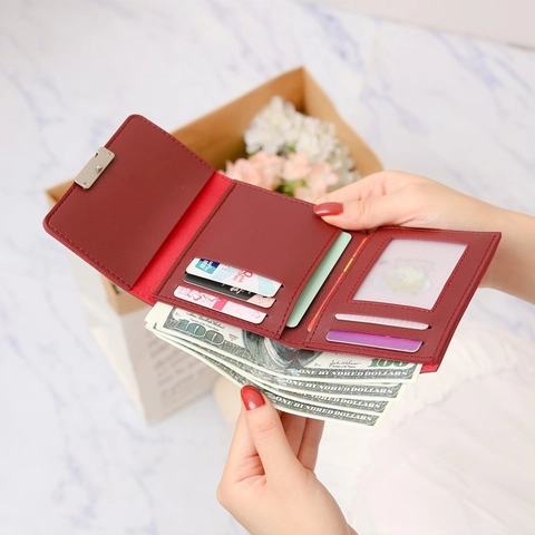Women Short Wallet PU Leather Tri-fold Card Holder Contrast Color Korean Style Compact Purse For Students Girls