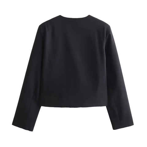 Women Short Jacket Elegant Round Neck Gold Buttons Long Sleeve Office Chic Casual Solid Black Outwear