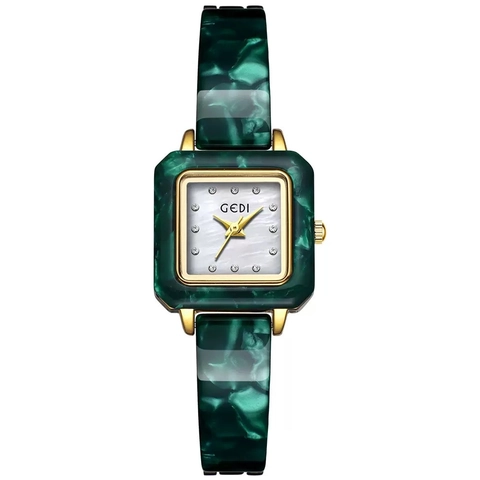 Montre À Quartz Pour Femmes Boîtier Carré Élégant Bracelet En Résine Marbrée Alliage Marqueurs De Cadran En Strass Rétro